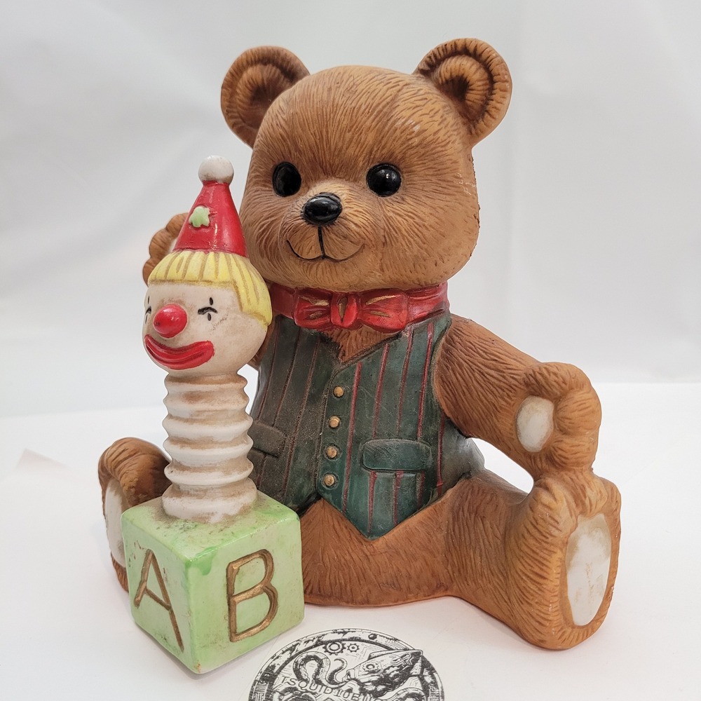Vintage Ceramic Teddy Bear Music Box Jack-in-the-Box Figurine Taiwan Brown Green